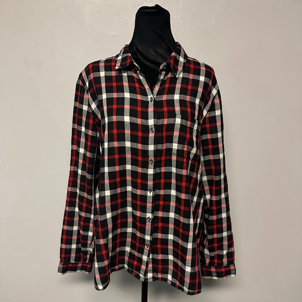 Women's J.Jill Plaid Button Down Shirt Plus size XL Black Red 100% cotton
